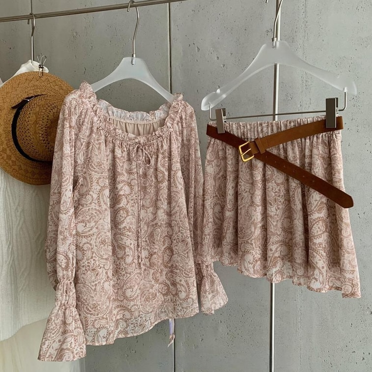 [캐나다 직배송] SCENARIO 로저 페이즐리 프린트 3피스 세트 (상의 + 스커트 + 벨트) - 원 사이즈 - 베이지 5