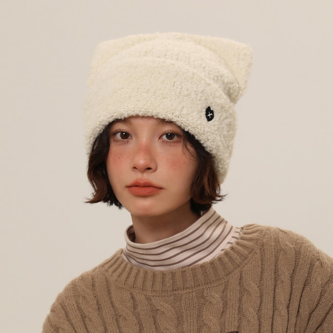 New Cute Loose And Warm Cat Ear Knitted Hat With Ear Protection Beige