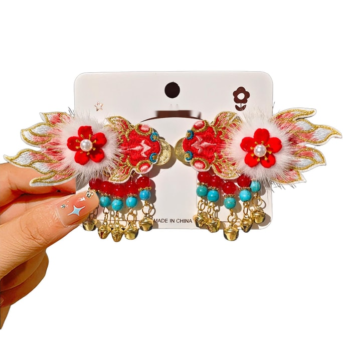 New Year Red Children's Hair Clips, Traditional Chinese Style Festival Hair Accessories [Golden Scale Plum Pattern] - 1 Pair