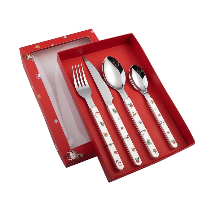 Cutlery Set 4 Pcs Knife Fork Spoon Santa Dessert Spoon Fruit Tea Red Gift Box 4PCs Christmas Limited Edition