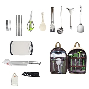 16-Piece Stainless Steel Kitchenware Set Portable Camping Tableware 16-piece kitchenware set + khaki storage bag Type F 1 Set