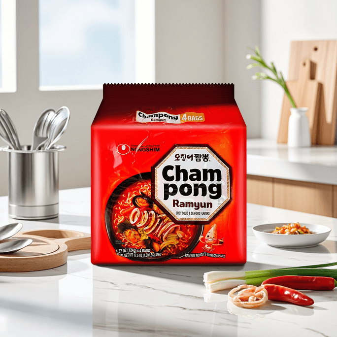 Champong Ramyun - Instant Noodles With Soup Mix , Spicy Soup & Seafood Flavor, 4 Packs , 17.5 oz