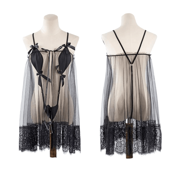 See-through mesh lace camisole nightgown uniform set one size black