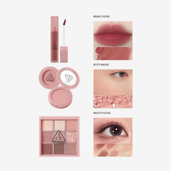 Makeup Set, Eyeshadow, Lipstick, Blush, Gift Set #AUTO FOCUS + #CITY MAUVE + #EARLY HOUR【Fresh & Tender Girl Makeup】