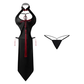 Fun Lingerie Sexy High Waist Side Slit Tassel Chinese Knot Cheongsam Black One Size