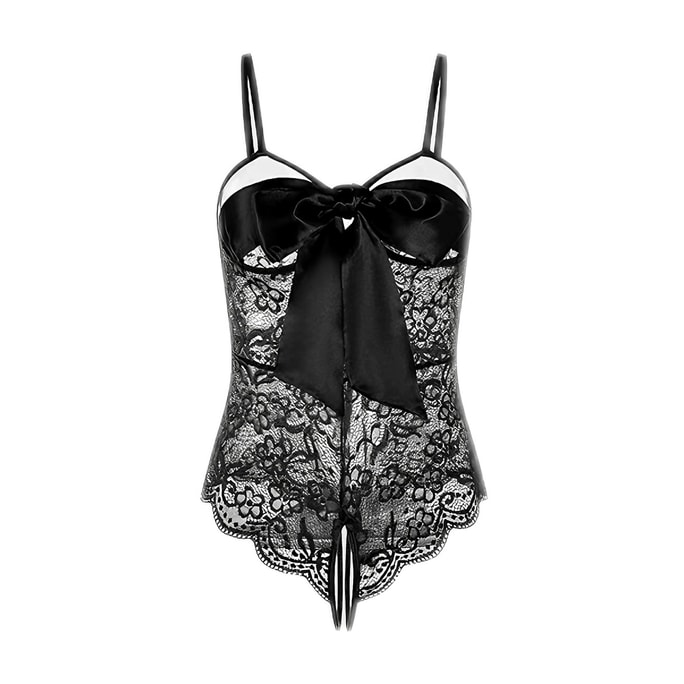 【Miss69】情趣內衣 | 性感繫帶蝴蝶結蕾絲開檔透視連身衣 - 均碼黑色