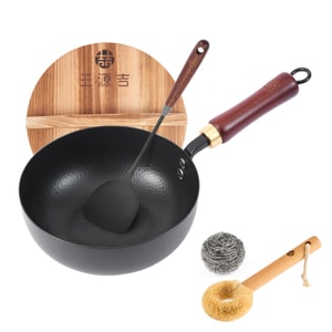 20CM Carbon Steel Wok With Spatula And Wooden Lid