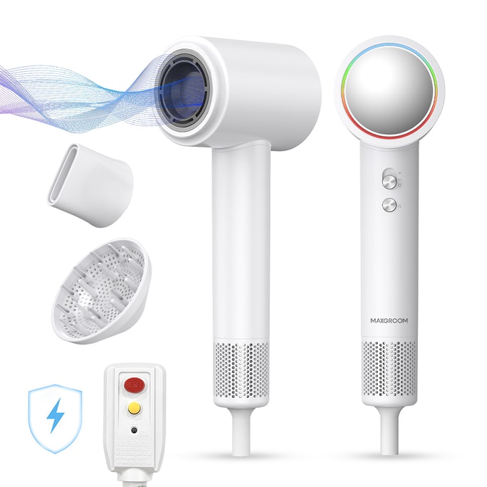 MAXGROOM 高速ヘアドライヤー（デュアルノズル、マイナスイオンブロワー、LEDライト、3段階温度調節機能付き）、C-961、ホワイト、1300W