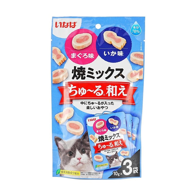 日本INABA伊納寶 鮪魚烏賊口味混合口味貓糧 10g*3袋 寵物貓咪零食