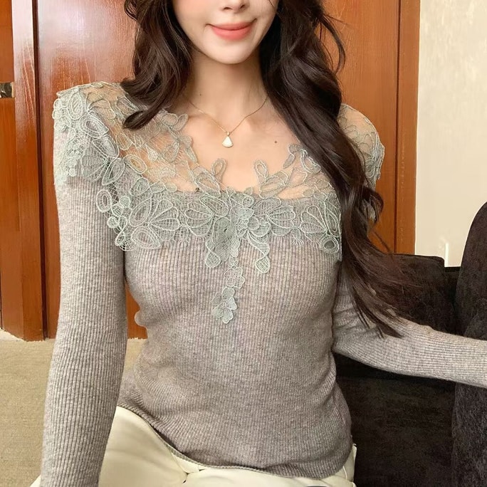 【加拿大直邮】 加拿大 SCENARIO 气质蕾丝针织上衣 均码 双色可选 灰色 均码