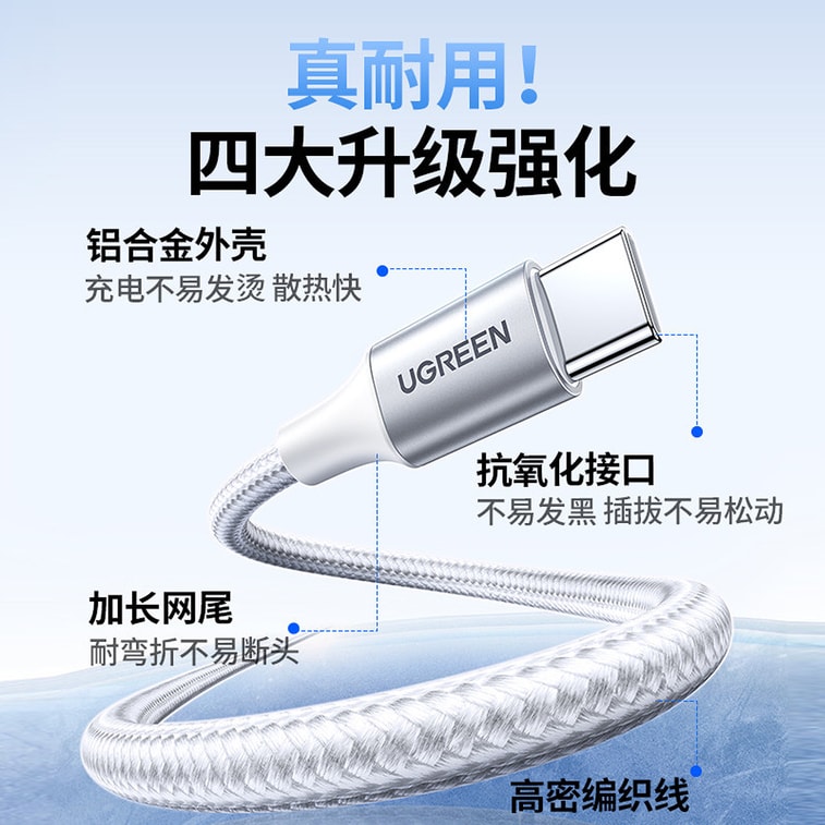 【中国直送】UGREEN 100W フラッシュチャージデータケーブル（1本）[オーロラシルバー、長さ1メートル] Apple 15-17/Samsung/Xiaomi/HuaweiなどのAndroidスマートフォンやノートパソコンに対応、デュアルType-C充電ケーブル 5