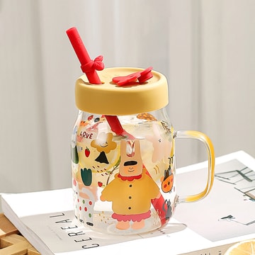 川岛屋 插画女孩玻璃杯子 大容量水杯 带硅胶吸管1根 玻璃吸管1根 780ml