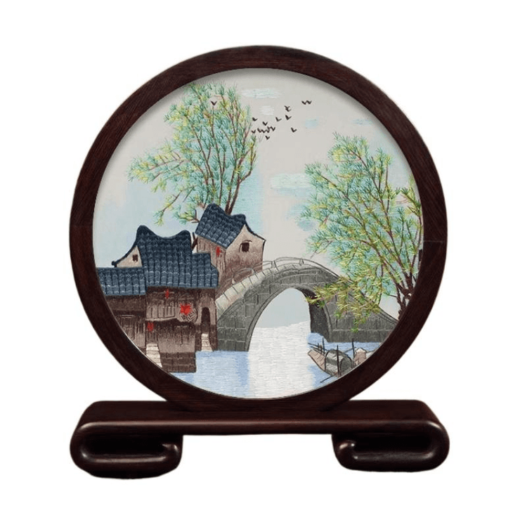 中国直送】蘇州刺繍 精巧な手作りシルク刺繍工芸品 夏江南風 21.5*24