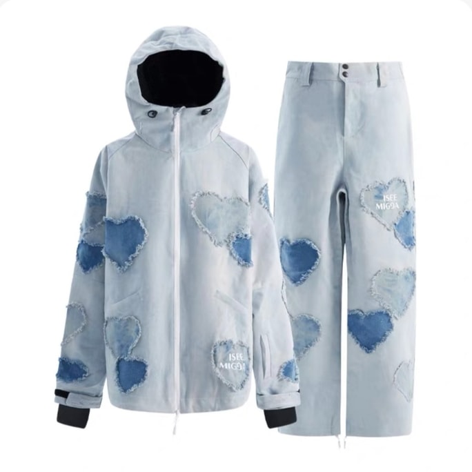 【中國直郵】 ISEEMIGGA 【牛仔破壞愛心】新款滑雪服女款3L設計款雪服套裝男 藍s