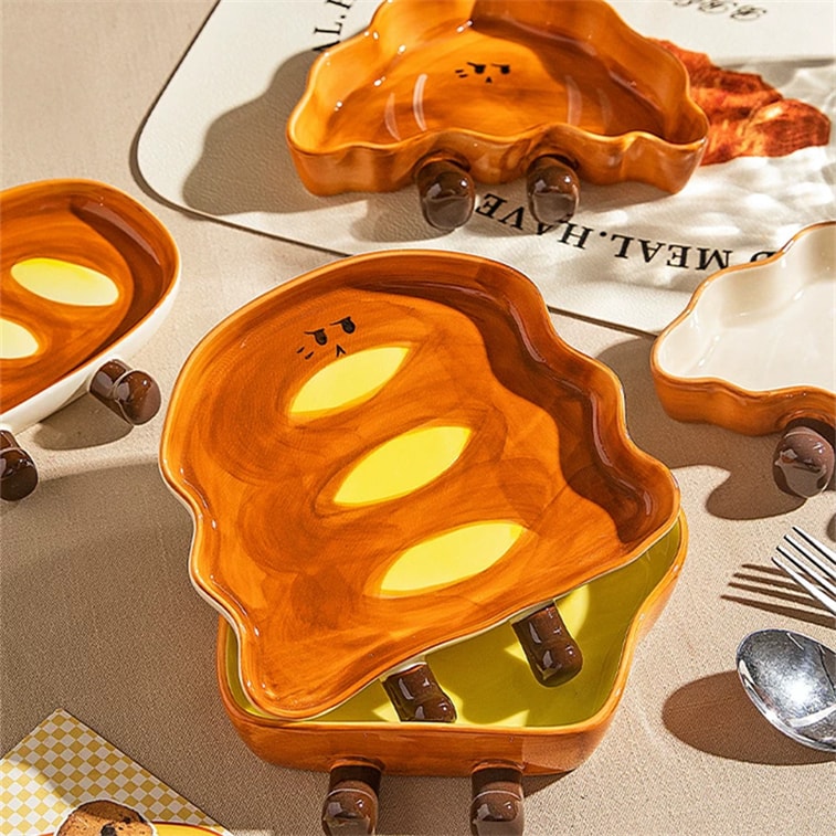 Underglaze-painted Plate, Household Serving Plate, Single-serving Plate, Cute Tableware, Pretty Fruit And Dessert Breakfast Plate, French Croissant 7-inch Plate, 1 Set 5