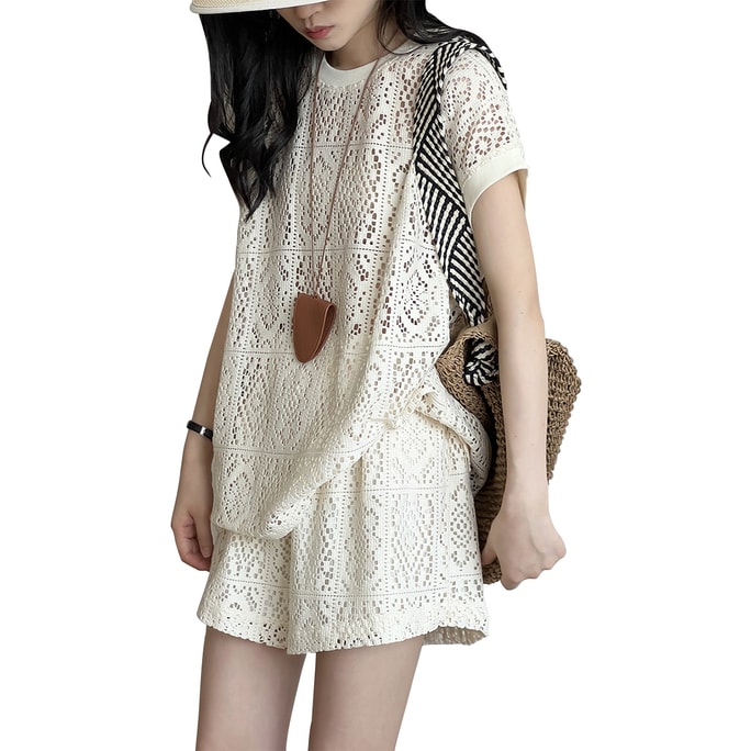 New Casual Loose Design Hollow T-shirt Shorts Set Off White M