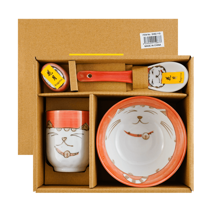 日式可爱粉红猫咪 餐具套组 4件入 饭碗茶杯汤匙筷子托各一件 SH02-12S