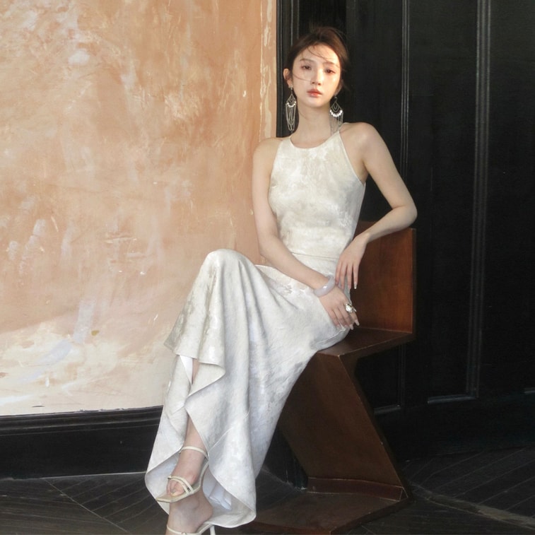 French Elegant Slim Waist Mermaid Dress Halter Long Dress Off Shoulder Sleeveless Natural Linen L 1 Piece 5