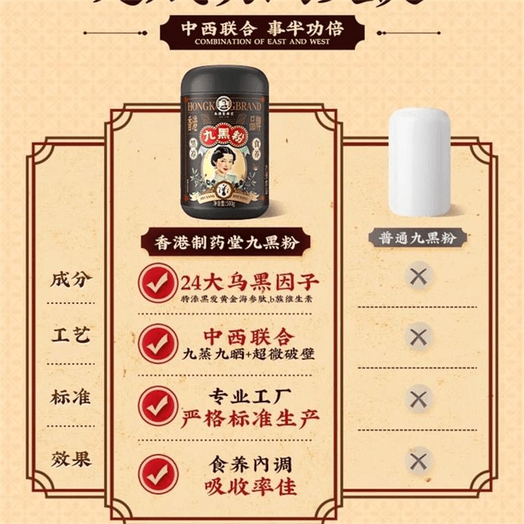 【中国直邮】 香港制药堂 九黑粉 黑芝麻糊核桃黑豆桑葚粉 五谷杂粮五黑粉无糖养发固发代餐粉 500g/罐 3