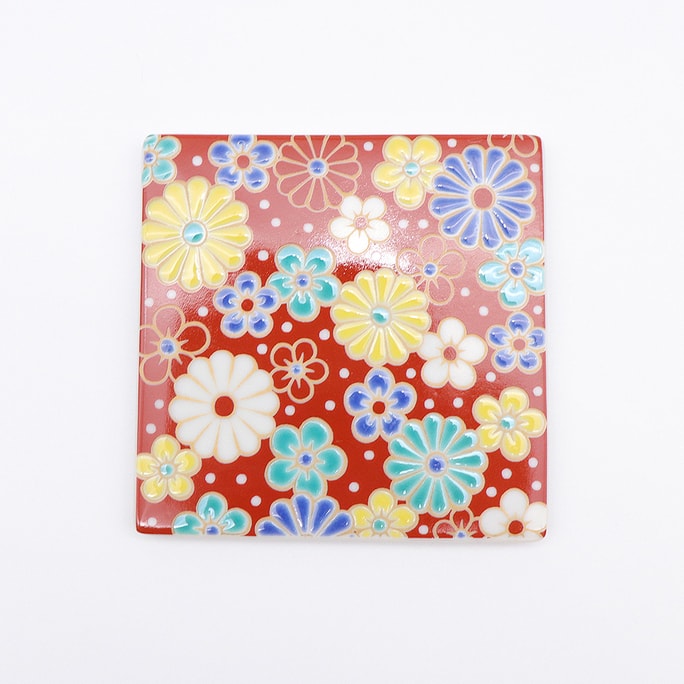 Kutani Ware Handmade Square Coaster (Plum Chrysanth3.54 x 3.54 in) Made in Japan