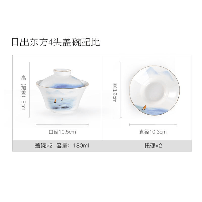 Huaguang Guoci Gaiwan Tea Cup Bone  Three-in-One Gaiwan Sunrise From The East 1 Pair 180ML
