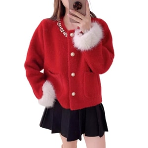New Nail Bead Small Fragrance Style Imitation Mink Fur Cardigan Jacket In Red, One Size Fits All