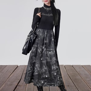 New Sweet Cool Retro Bright Diamond Printed Splicing Cowboy A-line Dress Cowboy Black S