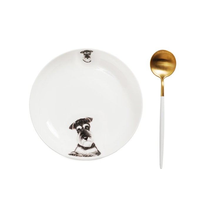 Petorama陶瓷宠物肖像两边印花8”圆形餐盘+陶瓷把手金色不锈钢餐勺套装-雪纳瑞