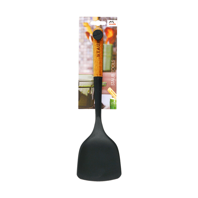 Silicone Frying Pan Wok Turner Spatula, Wooden Handle