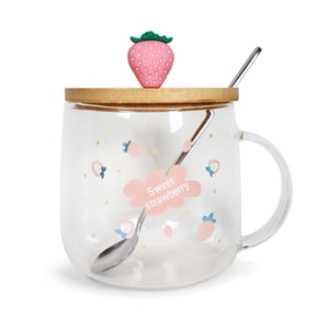 GINKGOHOME 手绘可爱草莓水果 玻璃杯带盖勺 精美玻璃杯具 早餐办公室马克杯 款式3 8oz