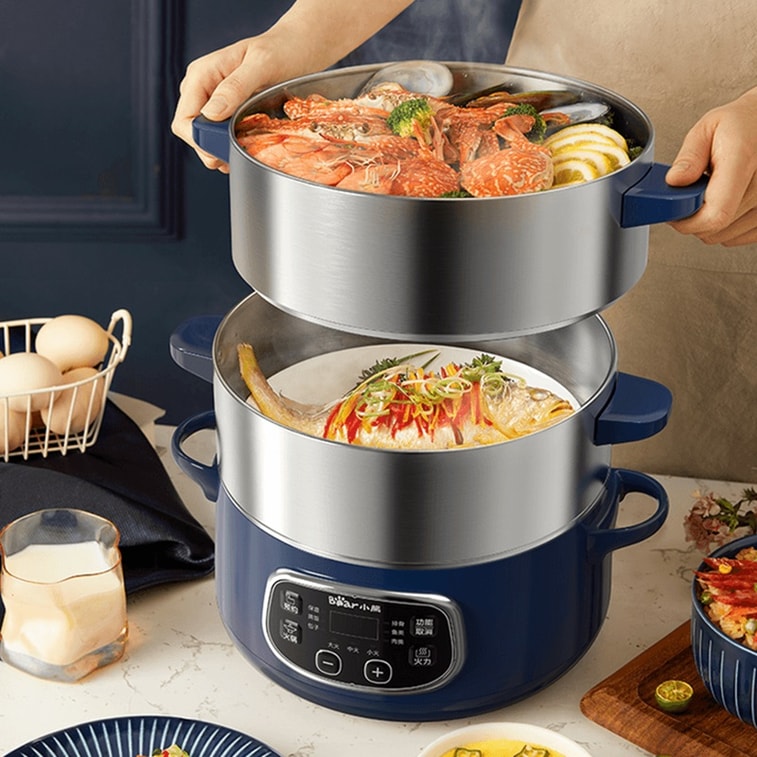【アメリカから発送】ベア ステンレス製電気蒸し器 三層蒸し スマートタイミングスチーム 大容量調理鍋 24cm 110V 6