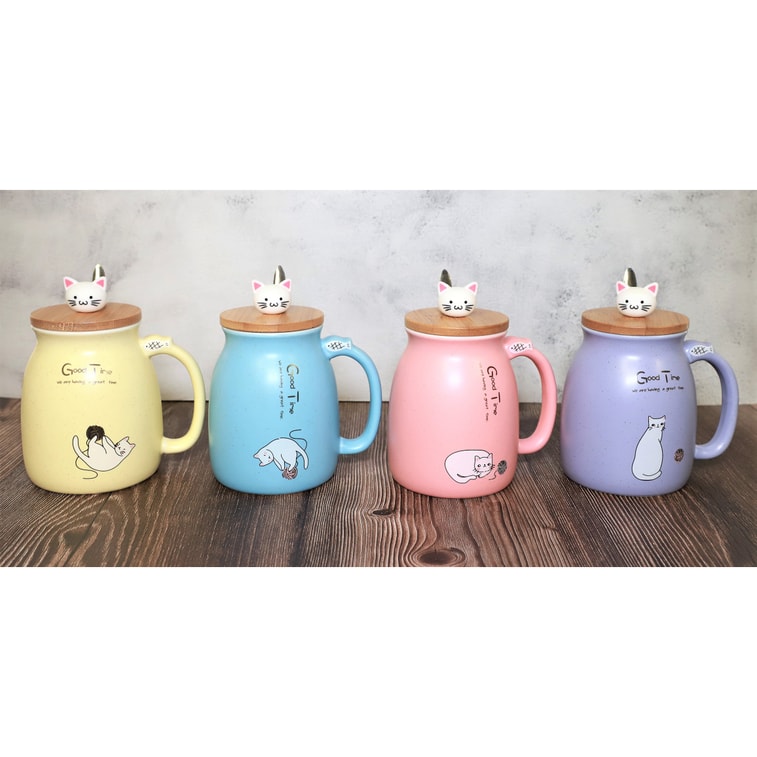 GINKGOHOME Cute Cat Milky Ceramic Mug With Spoon And Wood Lid - Sky Blue 12oz 4