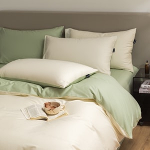 【中國直郵】 柏意 純棉60支四件套 床單款 全棉床單被套枕頭套 被套220x240cm 長絨棉A類母嬰級 奶昔白+清新綠