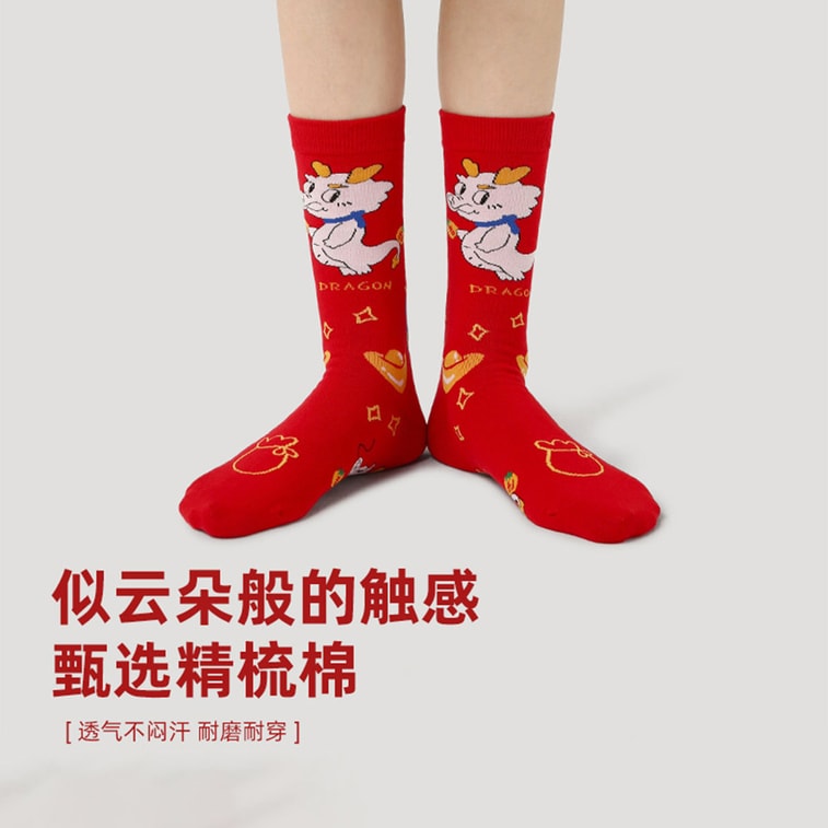 [中国から直送] HSPM 新年 レッドソックス ギフトボックス - ドラゴン年 ミドルカーフソックス、新しい冬のトレンドの赤いレディースソックス、縁起の良い新年 F ソックス (5足セット) 5