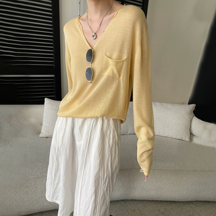 【Livraison directe de Chine】 Chemise en Tencel et lin HSPM, taille F, jaune, 1 pièce, style français décontracté avec ourlet roulé, protection solaire, manches longues 3