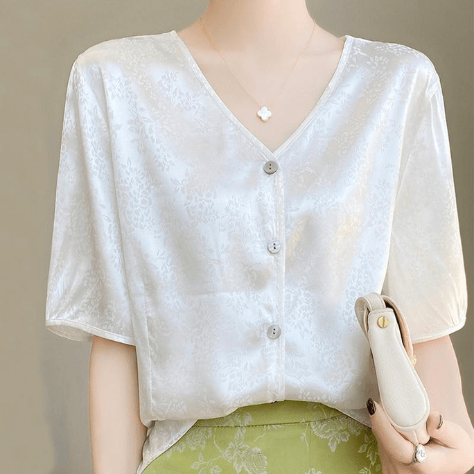 Chinese Style Silk Jacquard Mid-sleeves V Neck T Shirt Tops White M