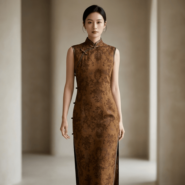 Sleeveless Chinese Dresses Elegant New Chinese Qipao Dress Sleeveless Keyhole Woven Jacquard Cheongsam A-Line Formal