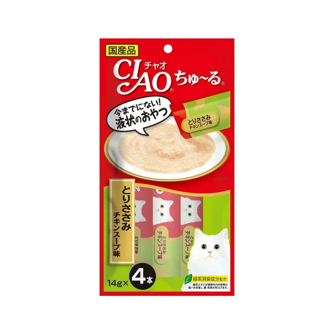 [일본 직배송] CIAO 고양이 간식 - 츄루 소프트 미트 페이스트, 수분 공급용 고기 퓨레 캣 스틱, 닭고기 + 닭고기 육수, 14g*4개입