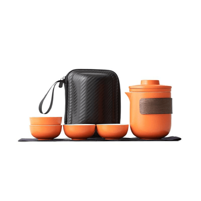 Portable Travel Ceramic Tea Set Outdoor Set Orange One Pot Four Cups 11.7CM