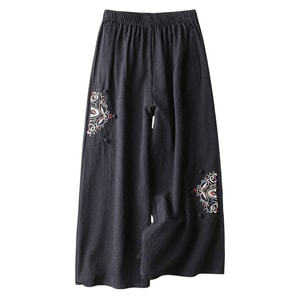 Chinese Style Cotton Flax Thin Embroidery Wide-leg Cropped Pants Black Medium