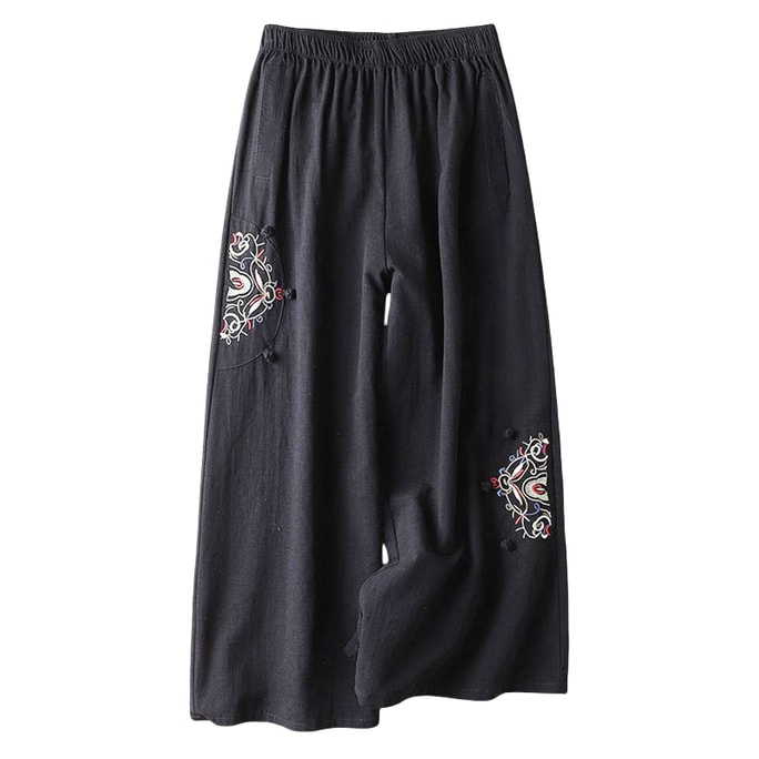 ASIS 中国風綿麻薄手刺繍ワイドパンツ 9分パンツ ブラック L