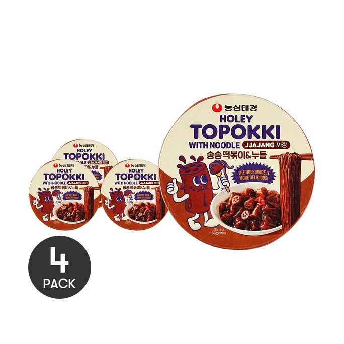 Holey Topokki With Glass Noodle - Instant Rice Cake with Vermicelli , Jjajang Sauce Flavor , 4.52 oz  *4【4 Packs】