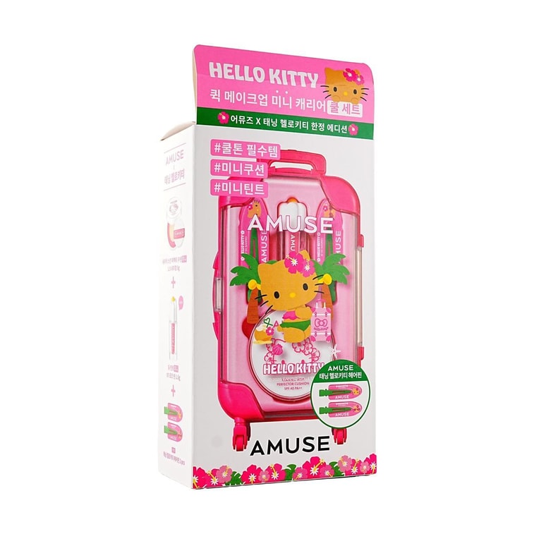 韩国AMUSE 快速完妆迷你行李箱套装 冷调套装 ​陶瓷哑光小白盒气垫粉底迷你装 #1.5 NATURAL 5g + 迷你水光唇釉 #07 + Kitty发夹*2【黑皮Hello Kitty联名限定版】  9