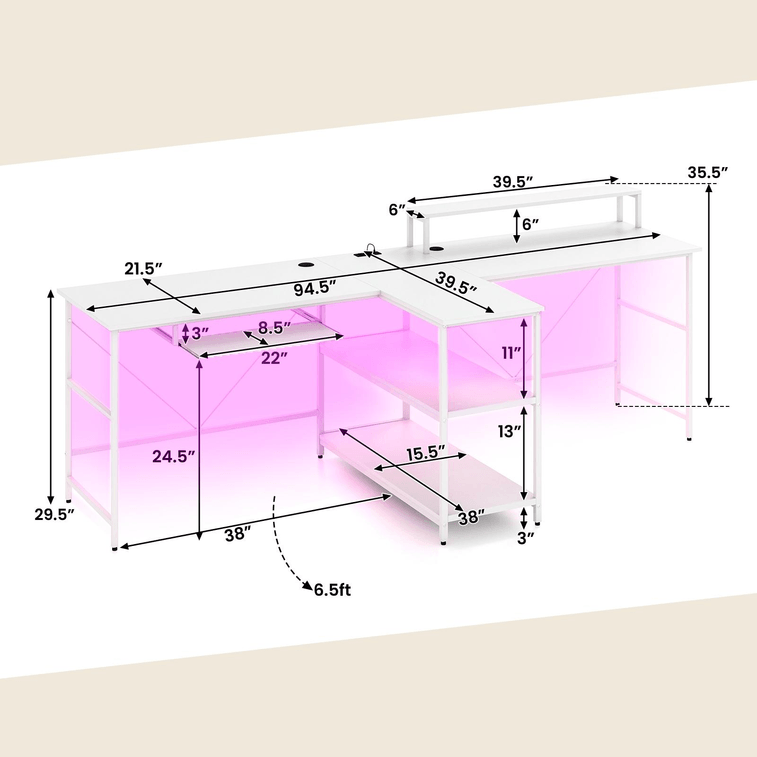 94.5 Inch 2-Person Reversible Computer Desk Long Office Desk With LED Lights-White 3