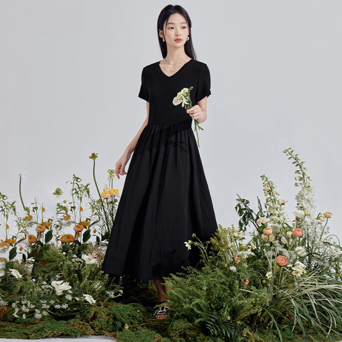 HSPM New French Hepburn Style Slim Knit Patchwork Dress In Black S