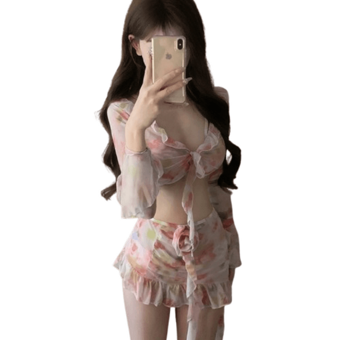 Bikini four-piece separates thin conservative floral small breasts gathered flower colour M size