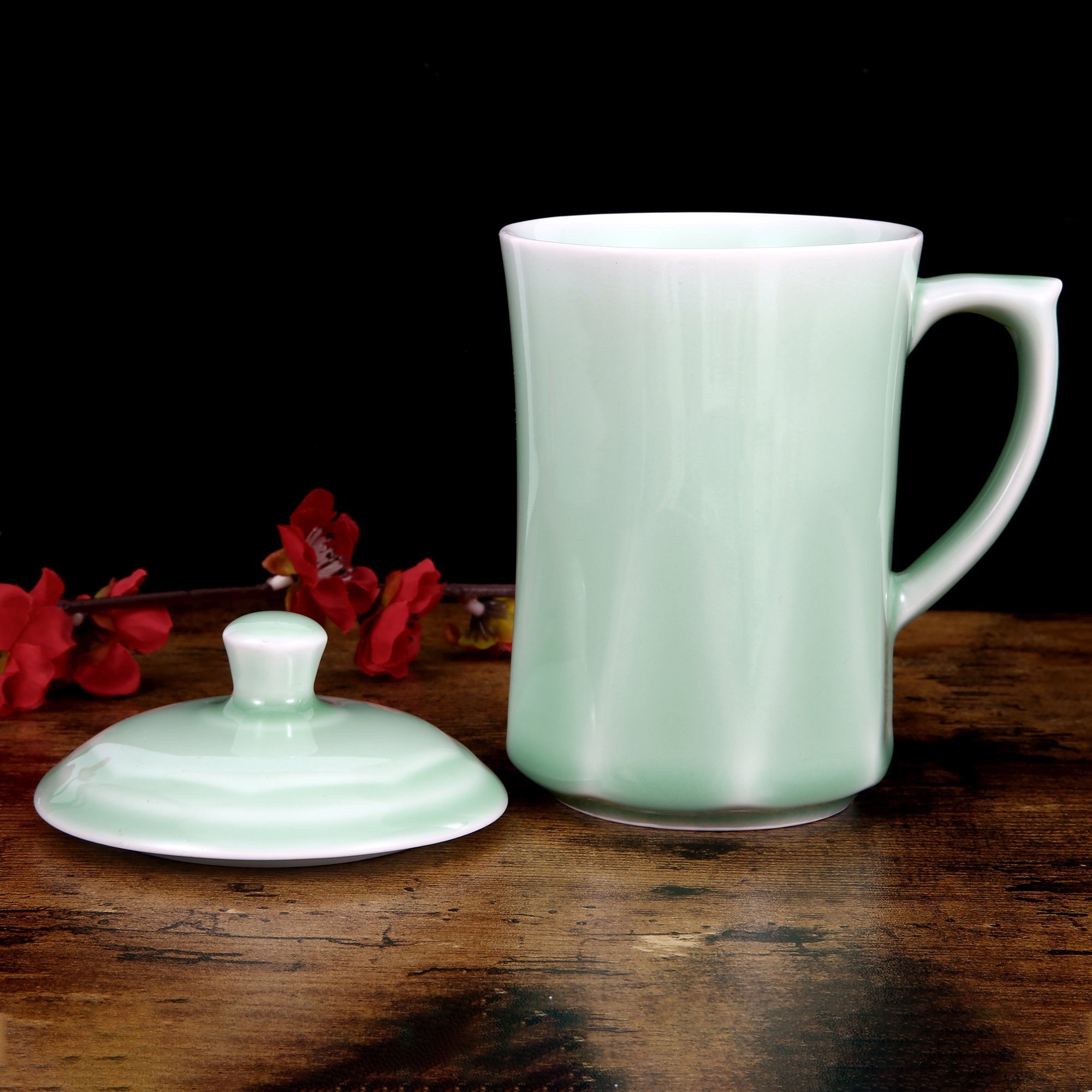 青花瓷茶杯 咖啡杯 牛奶杯 GREEN VALLEY青瓷带盖菱杯子礼盒 中国龙泉青瓷 世界非物质文化遗产 13盎司水杯 梅子青