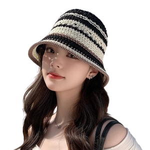 【中国直邮】 HSPM 民族风镂空草编渔夫帽女士海边沙滩显脸小透气编织太阳帽 拼色黑色 F