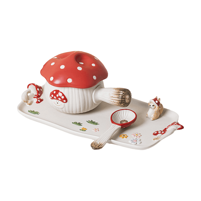 Red Mushroom Series Tableware, 3-Piece Set  Spoon + Tray + Handle Bowl