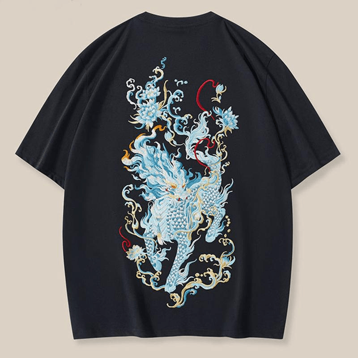 【中國直郵】 ASIS 新中式繡花刺繡短袖寬鬆T卹-黑色 M